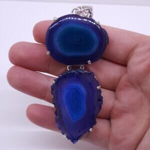Double Blue Agate Slice Pendant in Sterling Silver with 20" Chain